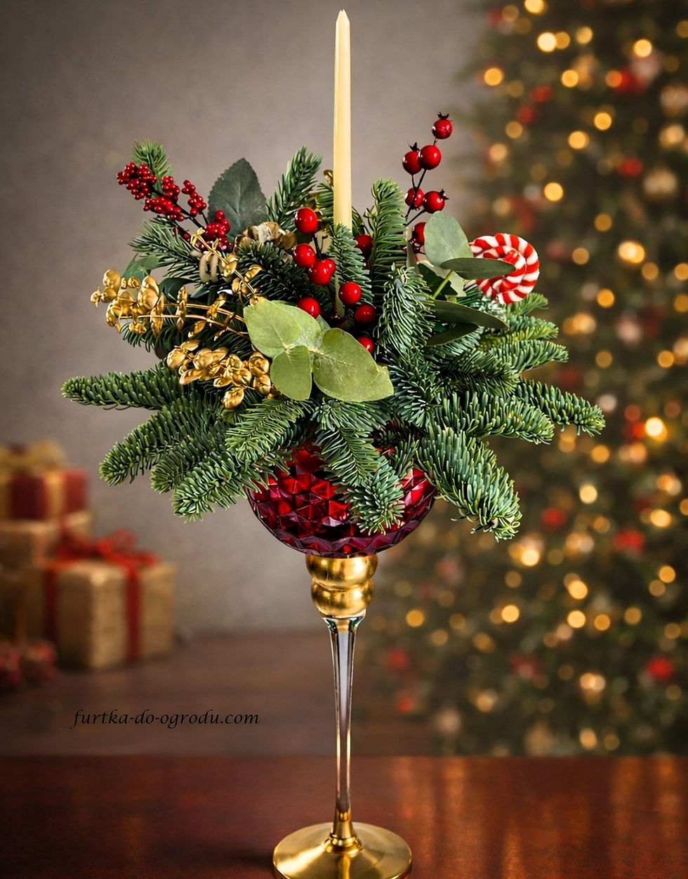 Stroik świąteczny w czerwonym kielichu na złotej nóżce. W tle choinka świąteczna.