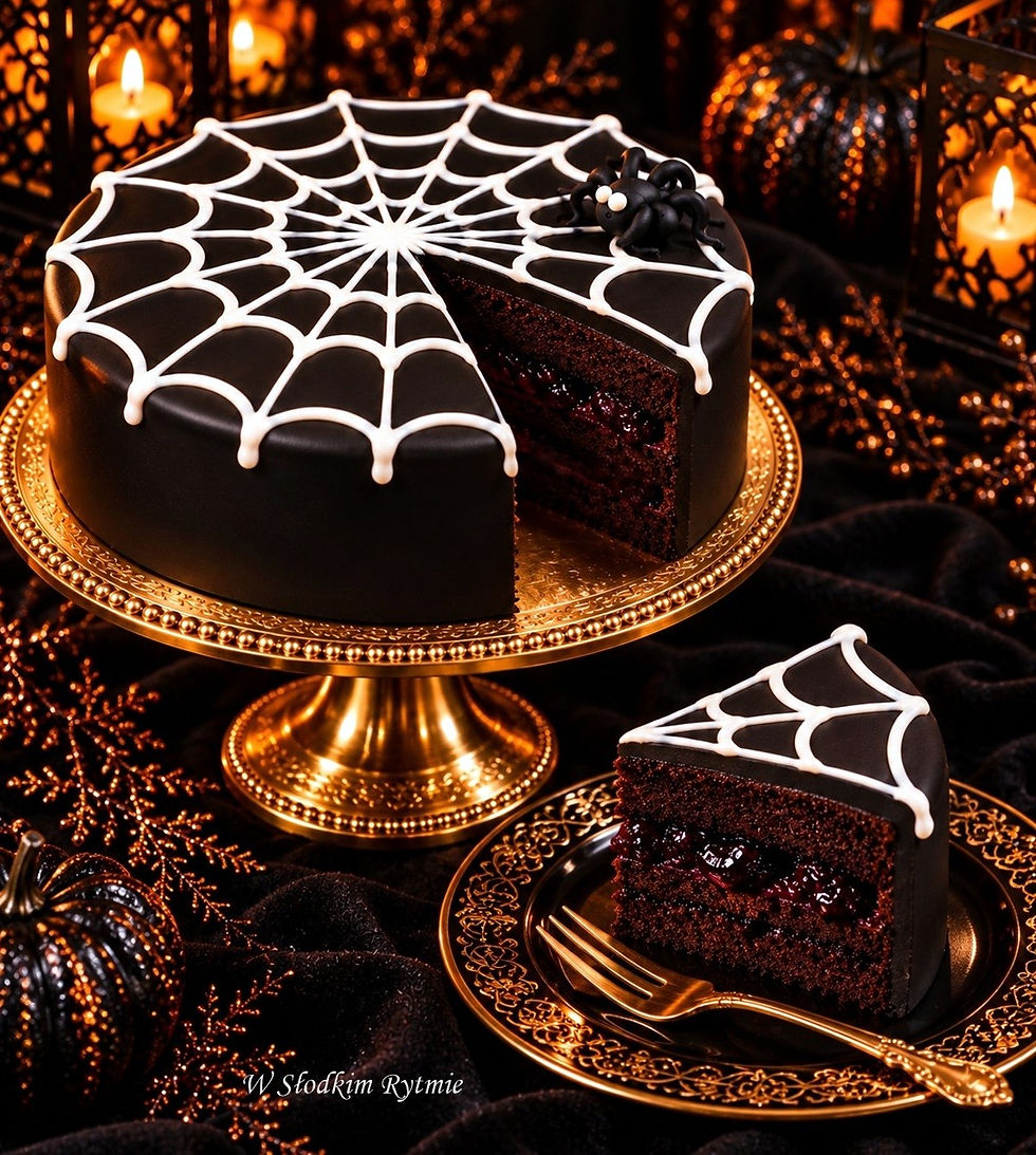 Przekrojony tort na Halloween z białą pajęczynką i pająkiem, obok kawałek tortu na złotym talerzyku.