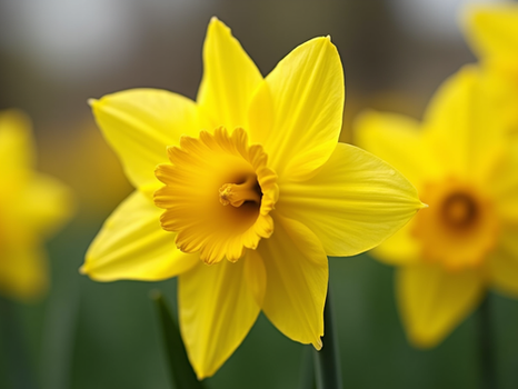 Żółty narcyz w pełnym rozkwicie na tle zielonych liści. Jasne płatki i rozmyte tło tworzą wiosenny nastrój.