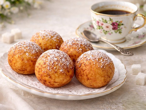 Pączki serowe na karnawał, oprószone cukrem pudrem na białym talerzu, podane z kawą w porcelanowej filiżance.