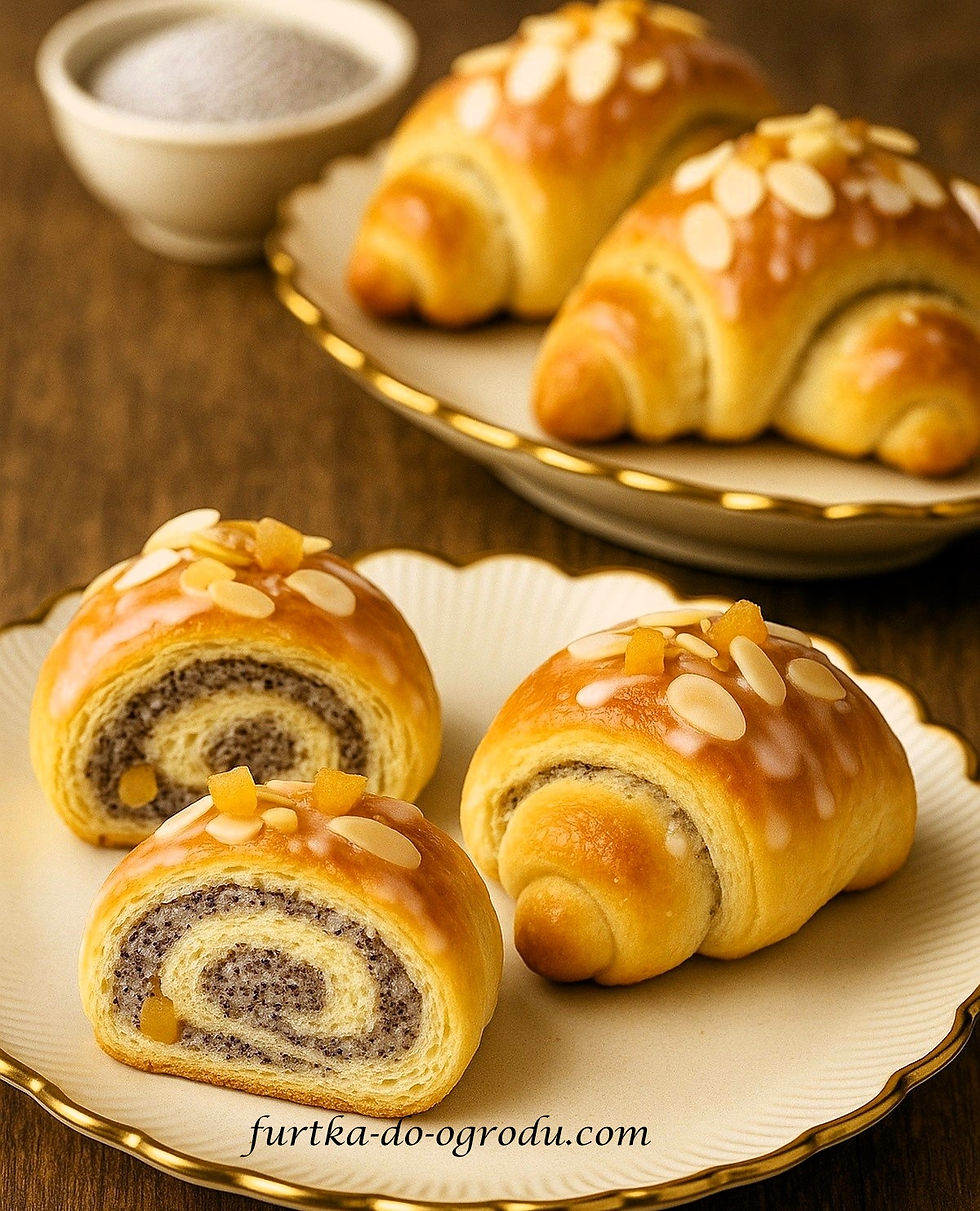 Połówki rogali Marcińskich ułożonych na kremowym talerzu z miseczką białego maku.