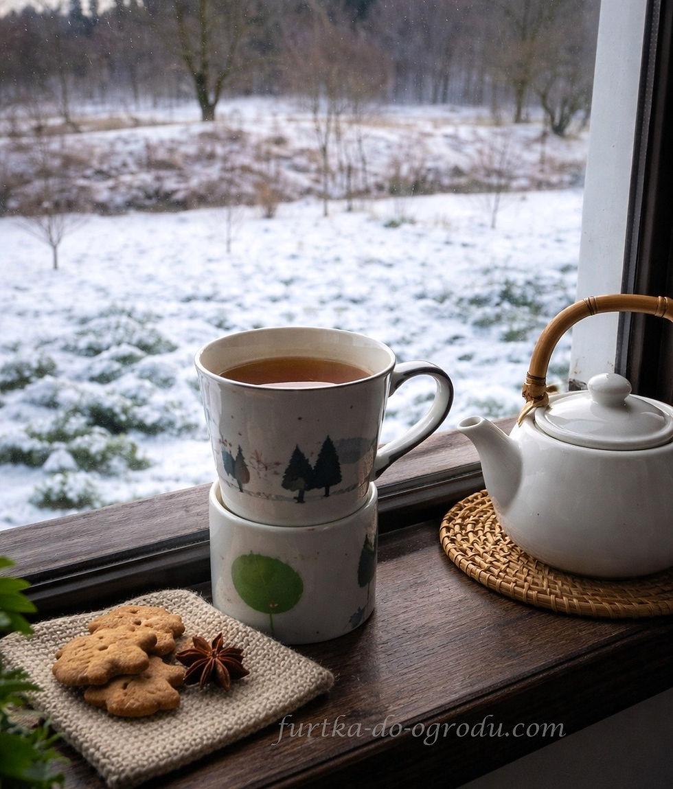 Kubek z gorącą herbatą obok ciastka na serwetce i czajnik, za oknem zima.