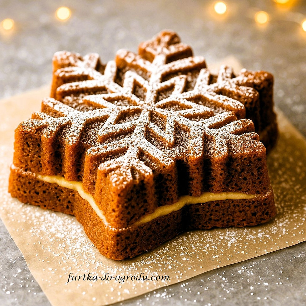 Piernikowy płatek śniegu przekładany marcepanem opruszony cukrem pudrem w świąteczny klimacie.