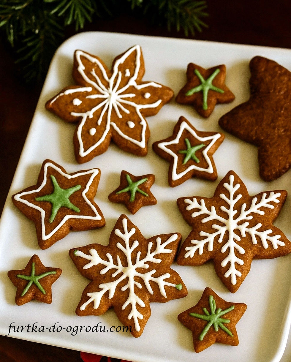 Pierniczki ciasteczka dla świętego Mikołaja ozdobione białym i zielonym lukrem, ułożone na białej tacy.