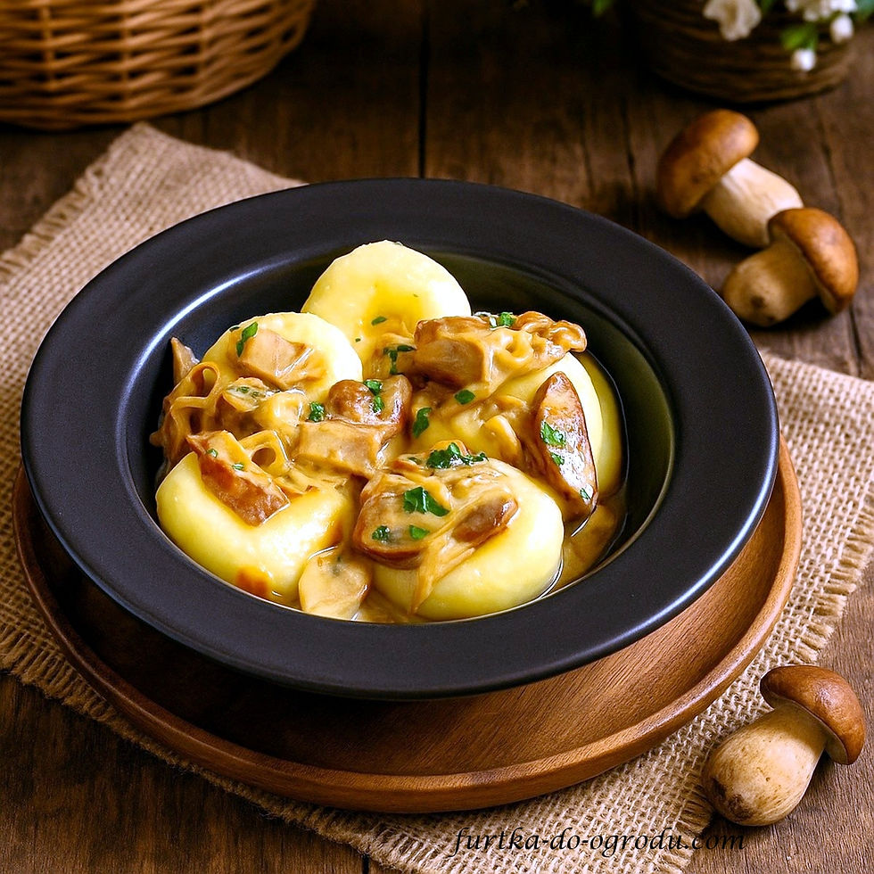 Borowiki w sosie śmietanowym podane z kluskami śląskimi na czarnym talerzu.