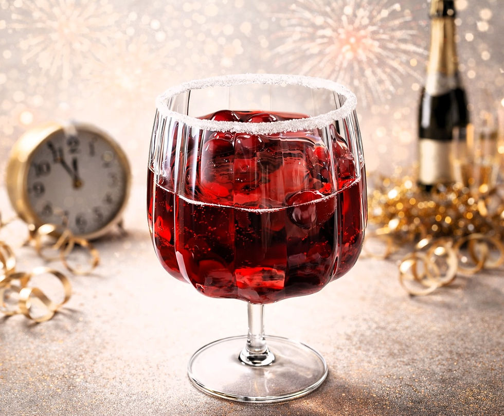Sylwestrowy drink z żurawina na stole, w tle zegar i butelka szampana