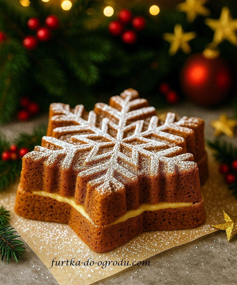 Piernikowy płatek śniegu przekładany marcepanem opruszony cukrem pudrem w świąteczny klimacie