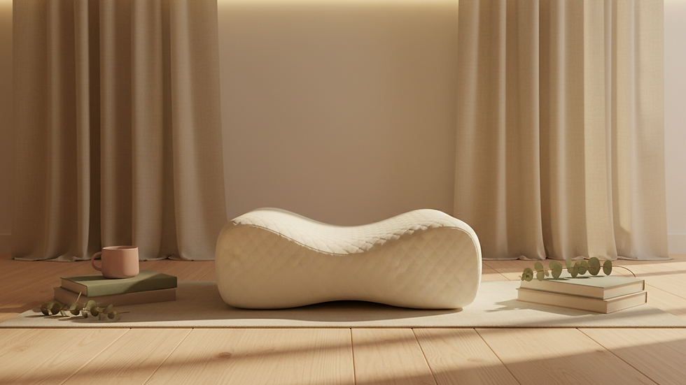 Eye-level view of a contoured memory foam pillow on a wooden surface