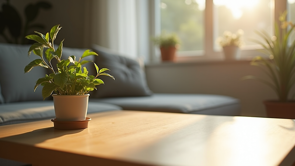 Close-up of a wooden coffee table with a small green potted plant and natural light streaming in