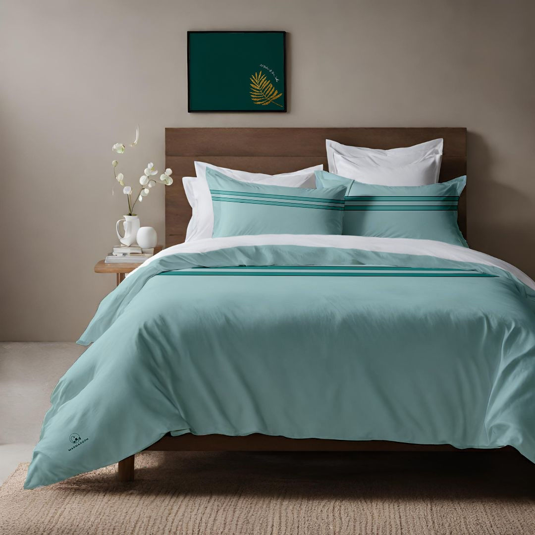 Aqua Blue Stripped - 100% Sateen Cotton Duvet & Pillow Cover Set