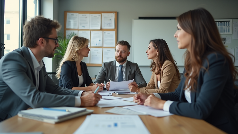 Eye-level view of a small business office with a team discussing benefits plans