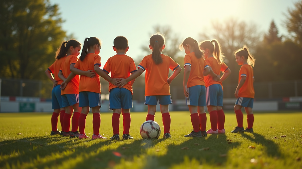 Eye-level view of a youth soccer team huddled together on the field