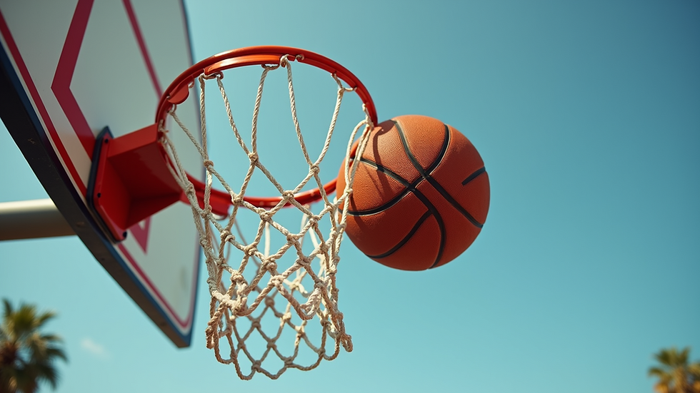 Close-up of a basketball hoop with a ball about to go through
