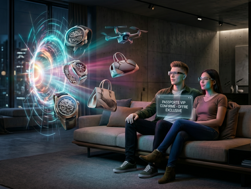 Un jeune couple équipé de lunettes virtuelles est assis sur un canapé dans un appartement moderne. Devant eux, un portail lumineux fait apparaître des objets en 3D comme des montres, des sacs de luxe et un drone
