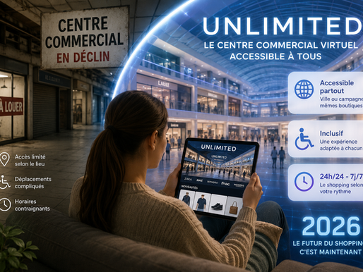 Une femme utilise sa tablette pour explorer « Unlimited », un centre commercial virtuel en ligne, contrastant avec l'image sombre d'un centre commercial physique en déclin en arrière-plan. Cette illustration moderne met en avant le futur du shopping e-commerce grâce à une expérience numérique accessible, inclusive et disponible 24h/24.