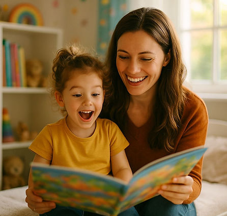 Mama mit Kind lesen begeistert ein Kinderbuch