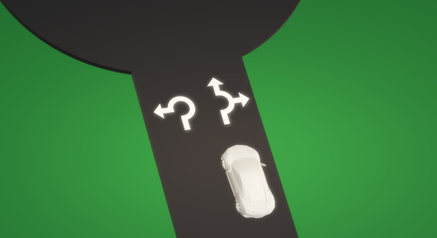 een illustratie van een witte auto op een rotonde met 2 rijstroken en rotonde wegmarkeringen. De wegmarkering zijn pijlen.