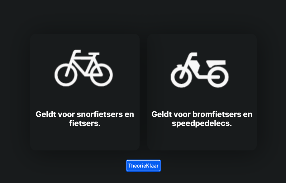 Een illustratie van een fiets en een bromfiets die je kan verwachten op verkeersborden. Het fiets icoon geldt voor snorfietsers en fietsers. Bromfiets icoon geldt voor bromfietsers en speedpedelecs.