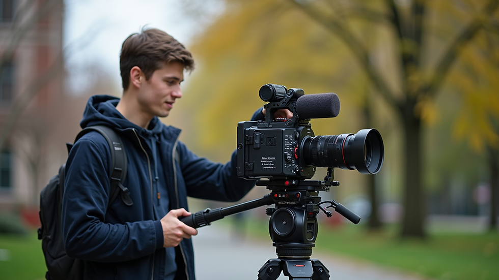 Eye-level view of a student operating a professional video camera on UVic campus