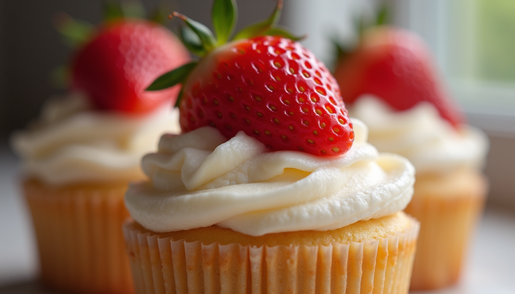 Close-up view of a guava cupcake topped with cream frosting and fresh strawberries