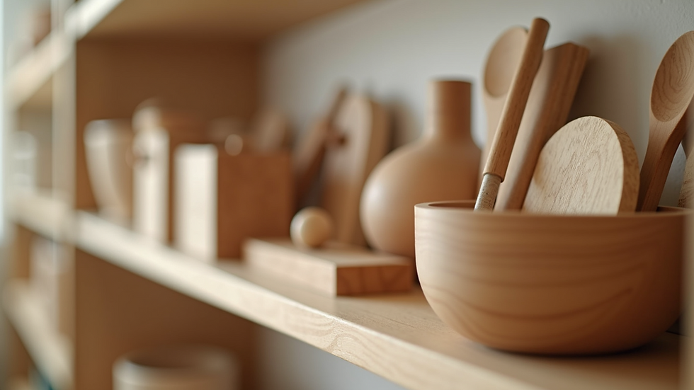 Close-up view of Montessori learning materials arranged neatly on shelves
