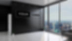 Modern office with black accent wall featuring "YOUR LOGO" text. Large window shows city skyline. Bright, minimalistic interior.