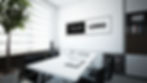 Modern office with a white table, black chairs, and two water bottles. Large "YOUR LOGO" text on the wall. Calm, minimalist vibe.