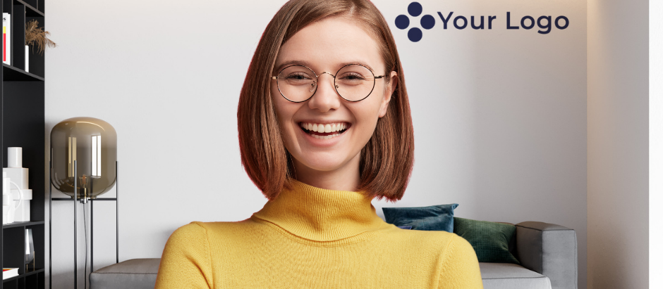 Smiling person in yellow sweater on video call, arms crossed. White room with gray sofa and modern decor. "Your Logo" text on wall.