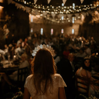 bride with back to camera facing her wedding party with bold silver leaf crown in auburn red hair