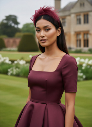 Burgundy fascinator being worn by asian model wearing a burgundy wine elegant dress with a country house wedding venue background