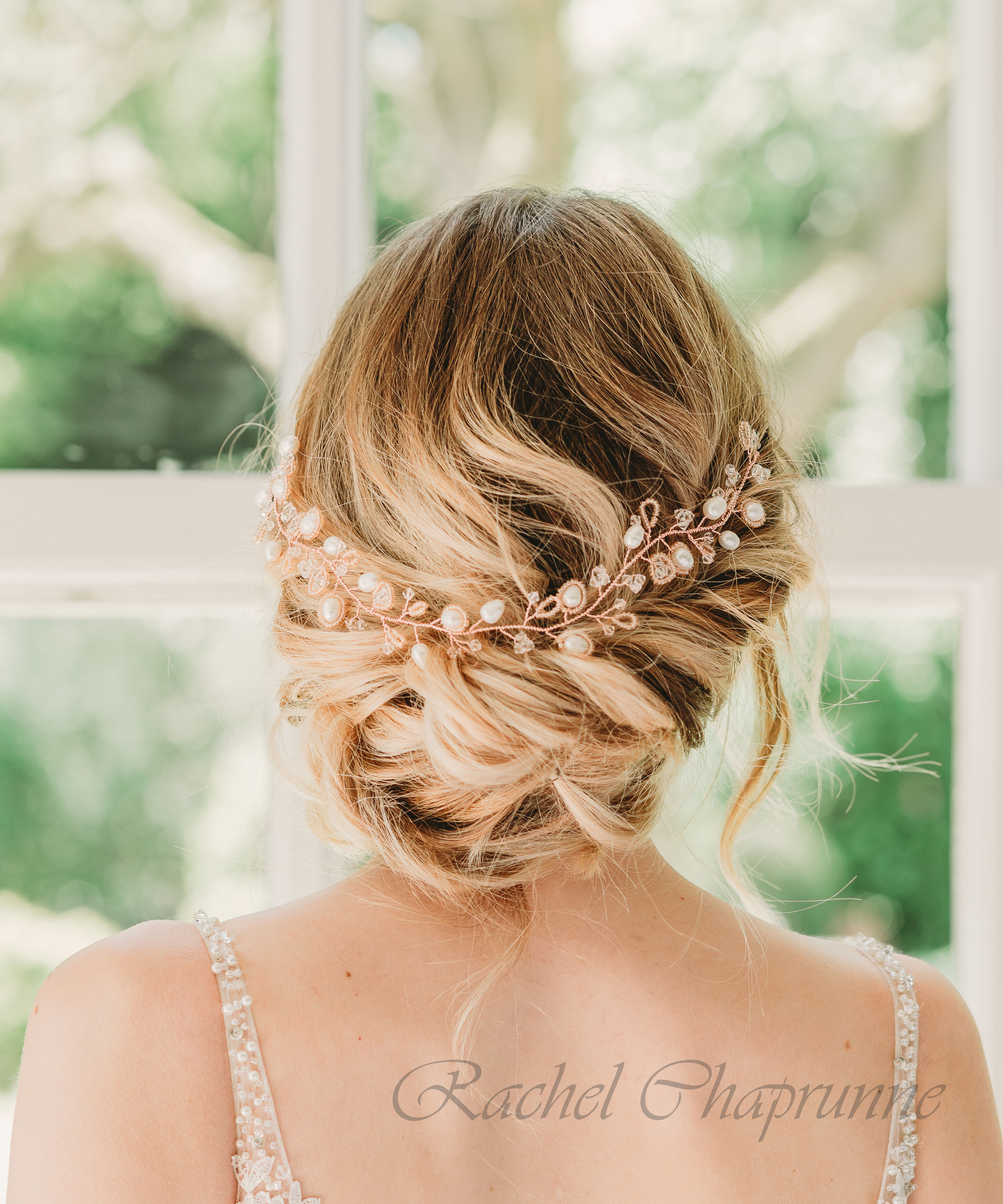 Bridal hair vine with crystals and pearls perfect for romantic weddings and spring equinox celebrations
