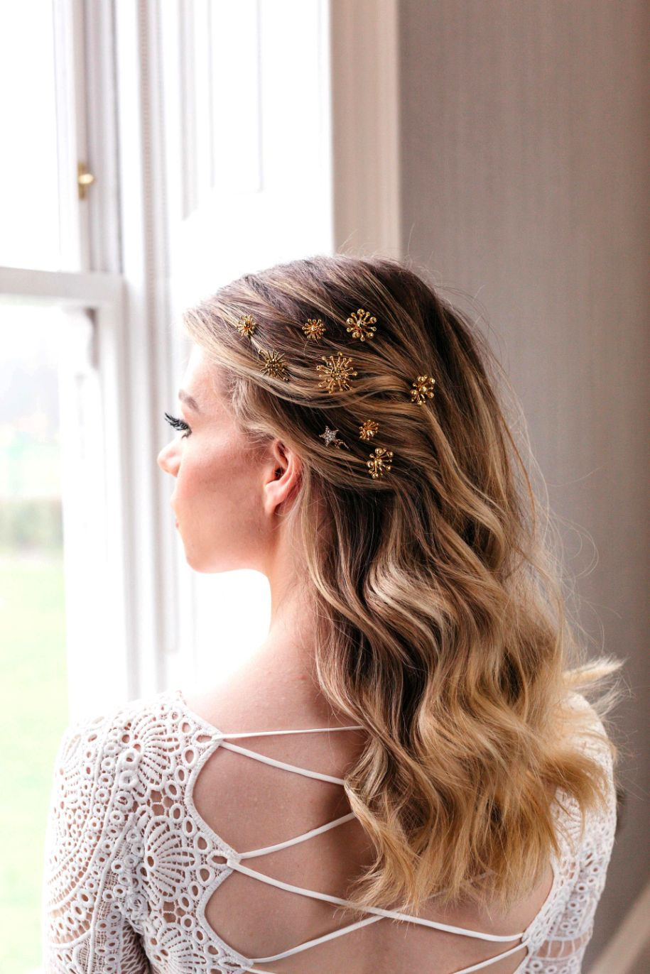 Thumbnail: gold star hair pins for a celestial bride