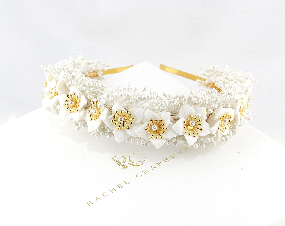 Thumbnail: Luxury flower crown with pearlesque stamens and ceramic blooms, ideal for boho or outdoor ceremonies.