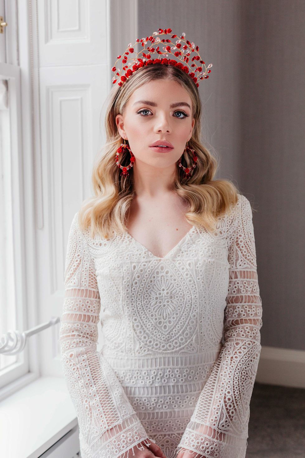 Thumbnail: Custom colour bridal crown with carved roses, perfect for Glastonbury brides and maternity photoshoots