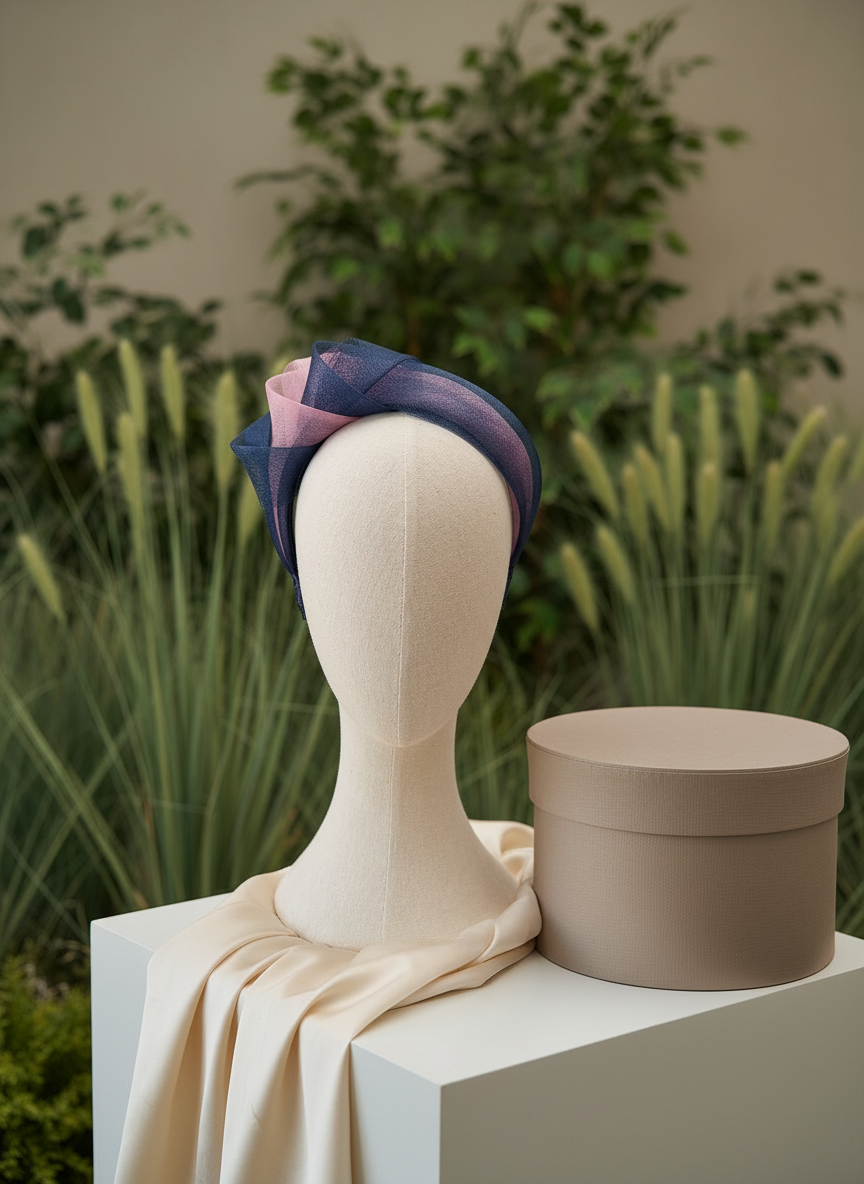 Thumbnail: Unique navy and pink occasion headwear and modern hat alternative