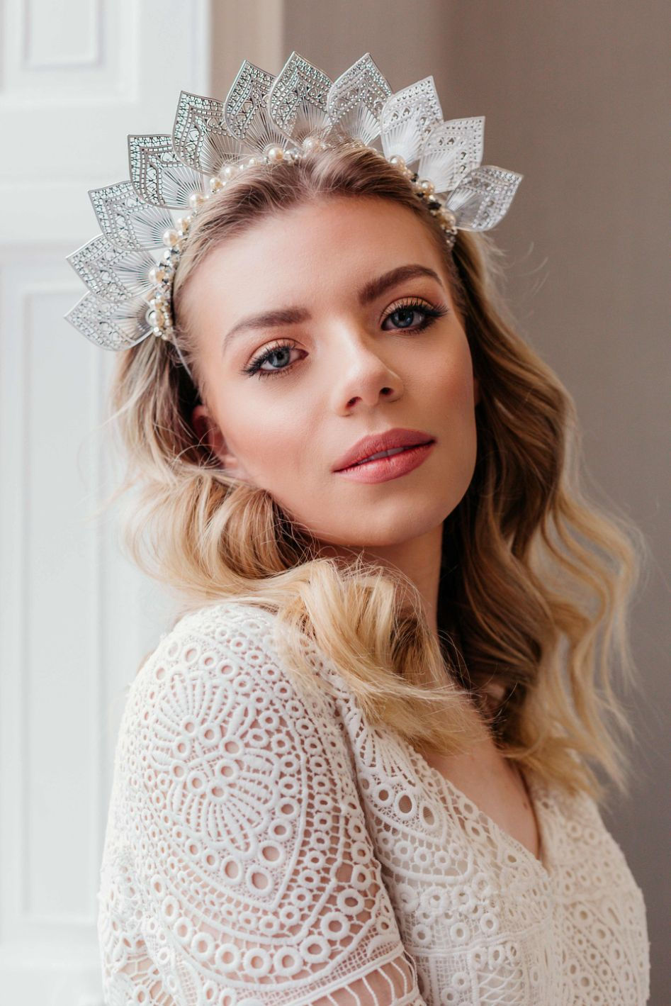 Thumbnail: Silver wedding crown with Preciosa pearls and crystal leaves perfect for autumn festivals and content reels