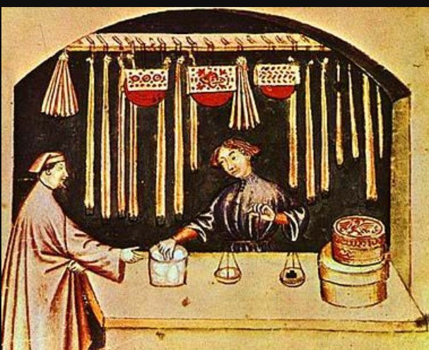 Illustration of a medieval chandler stall.