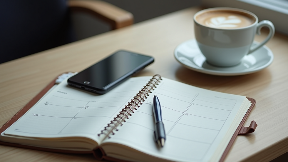 Close-up view of a desk with a planner, smartphone, and coffee cup