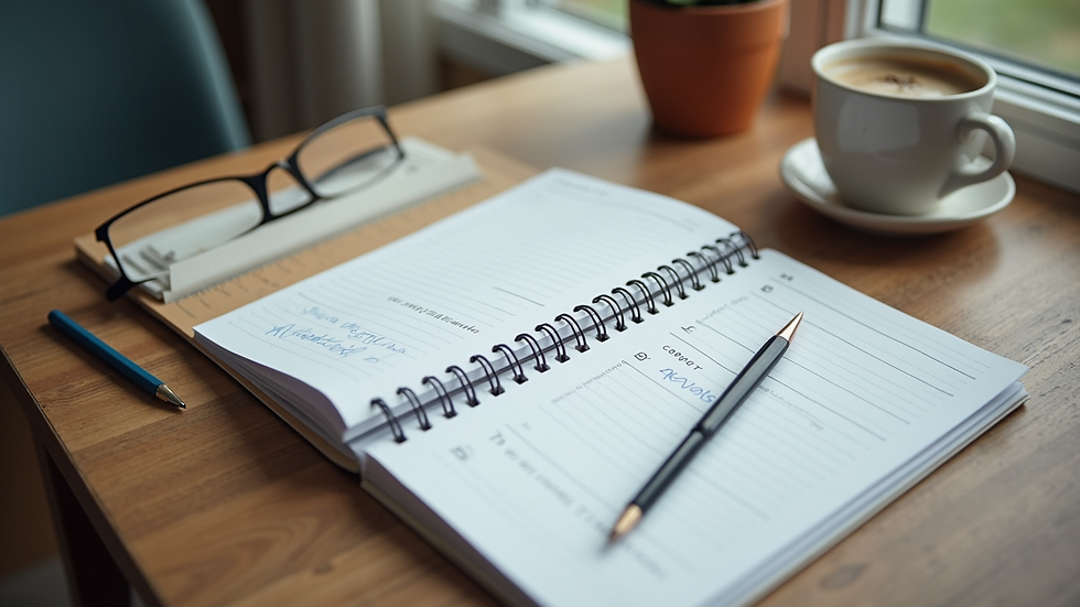 High angle view of a small business workspace with a planner and coffee cup