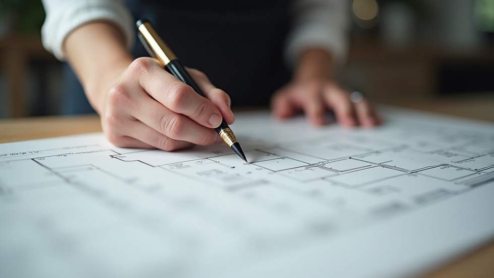 Close-up view of a kitchen designer’s hands working on a layout plan