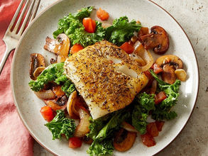 Herby Mediterranean Fish (or Chicken) with Wilted Greens & Mushrooms