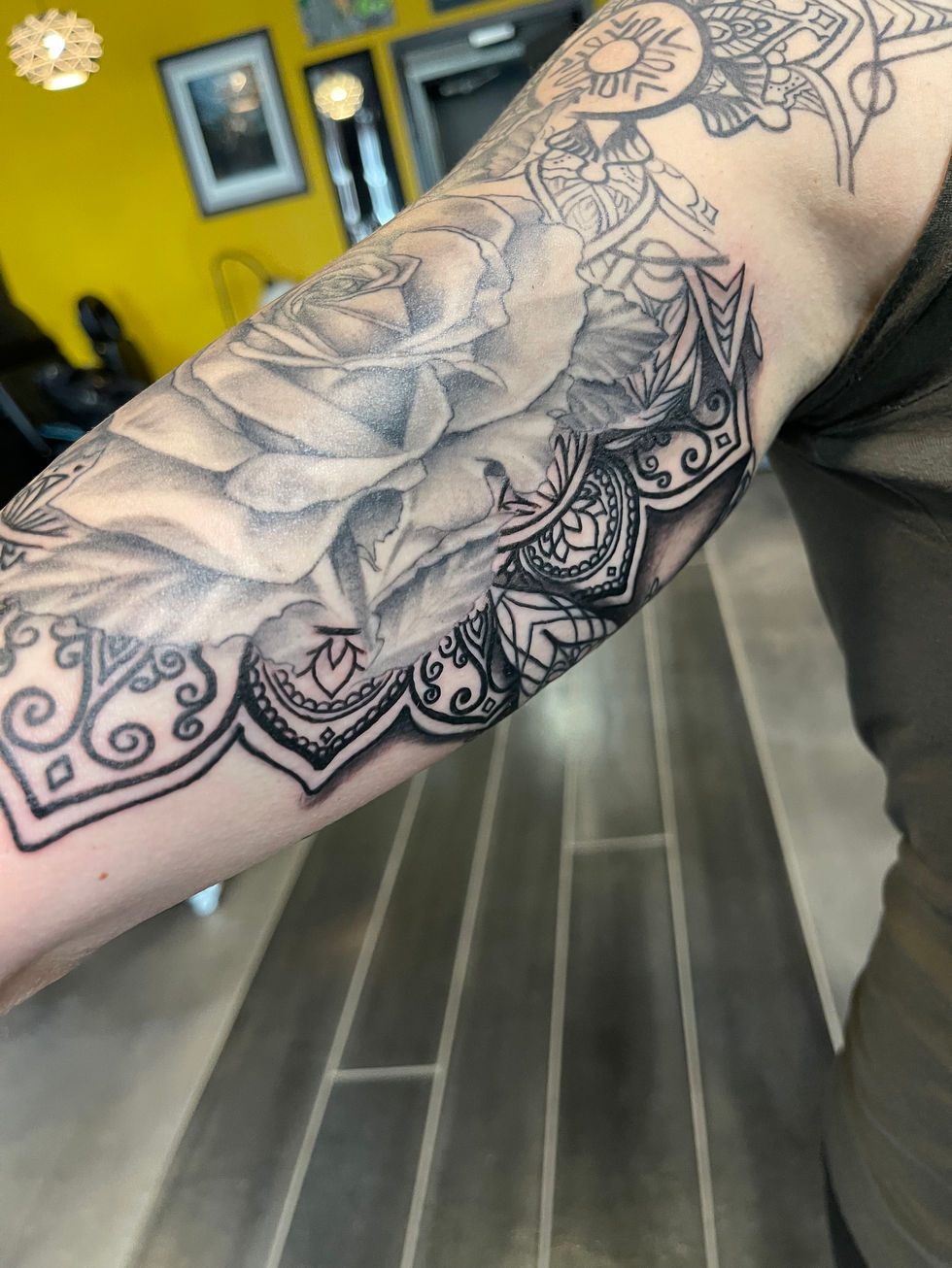 black and grey rose and mandala, mandala tattoo, by ryan sketch martin