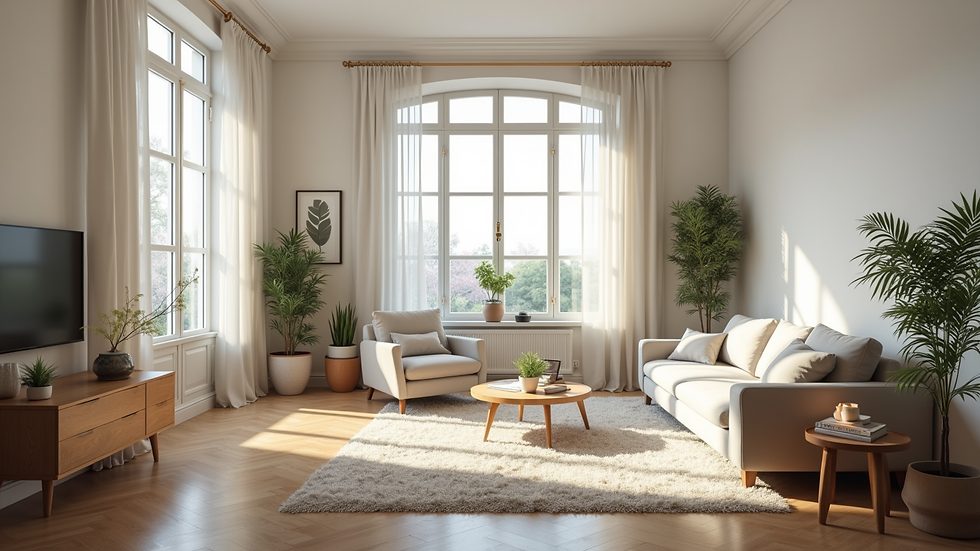 Eye-level view of a clean and organized living room with natural light