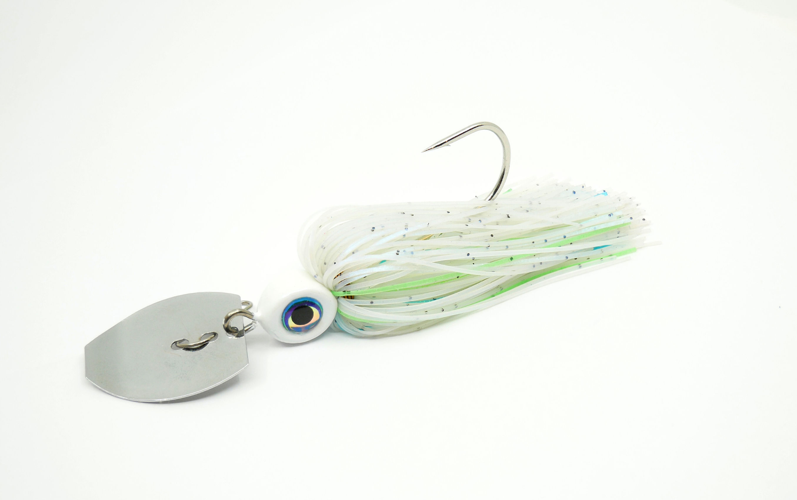 Glacier Ghost Slayer Bladed Jig with white skirt, blue accents, and silver blade