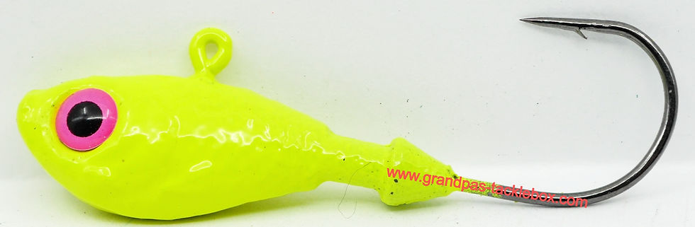 Side view of Yellow Chartreuse with Pink Eyes - Ultra Minnow Jig