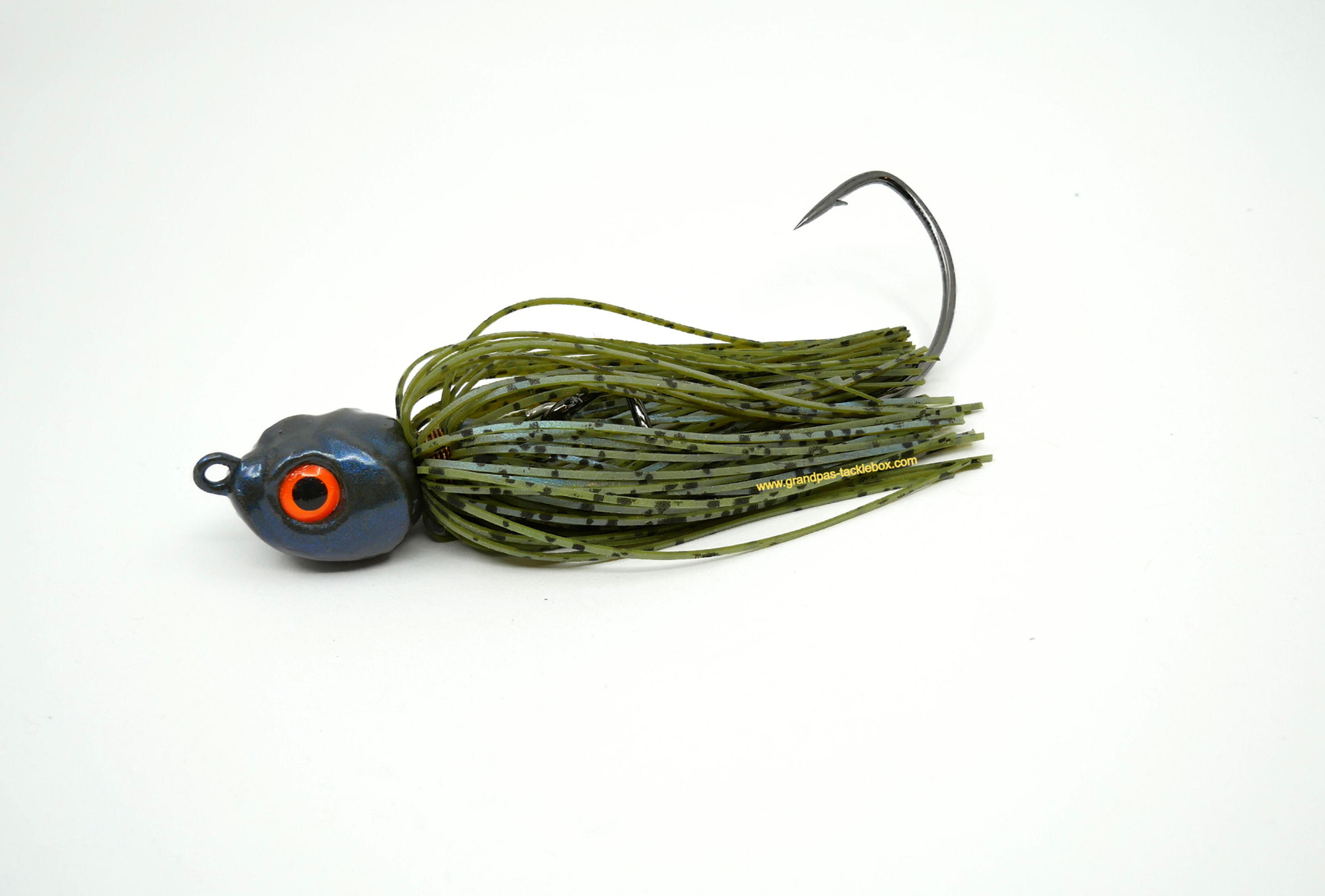 Side view of Green Blue Boy Skirted Poison Swingtail Jig