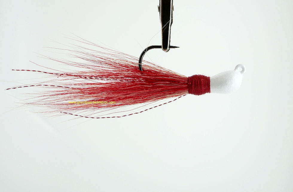 Side view of White Head Red - Sparkie Bucktail Jig
