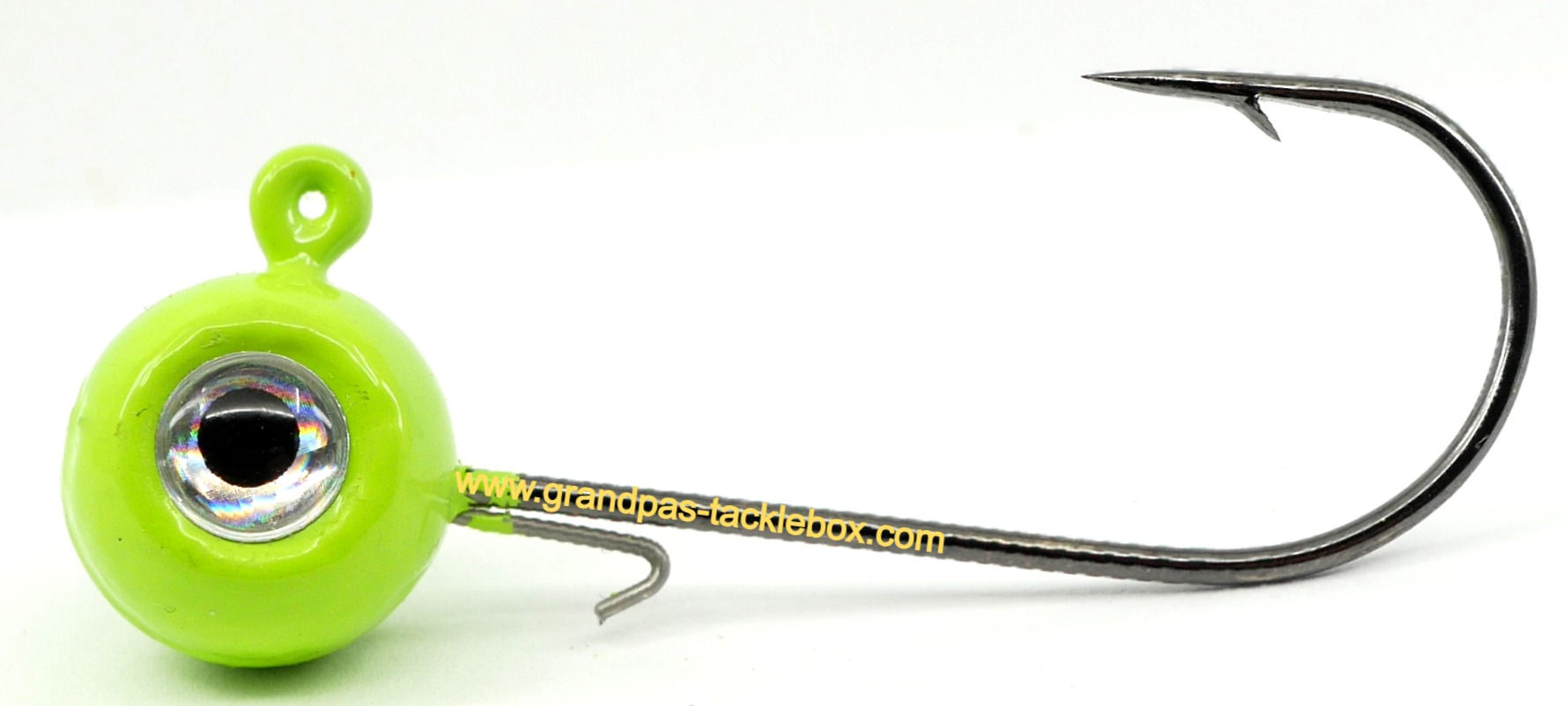 side view of Green Chartreuse with orange eyes - Freestyle Jig