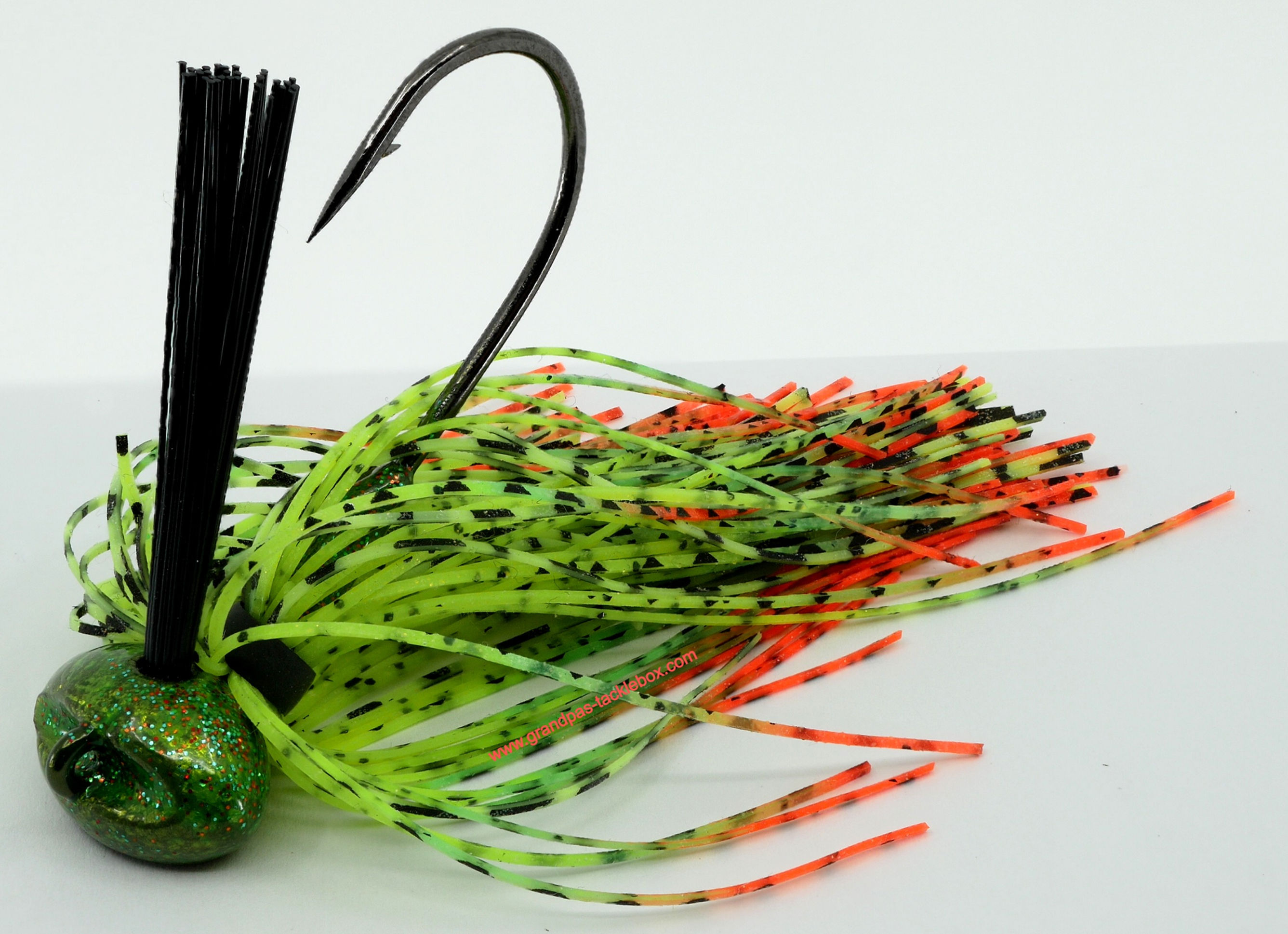 Angled front view of Chartreuse Bold Gill Skirted Weedless Flat Bottom Football Jig