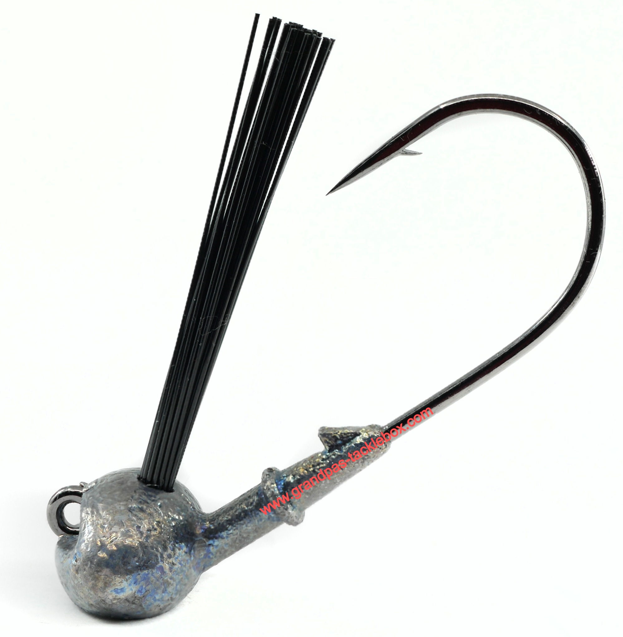 This is a bare lead weedless flat bottom football fishing jig.  It has a black weed guard.